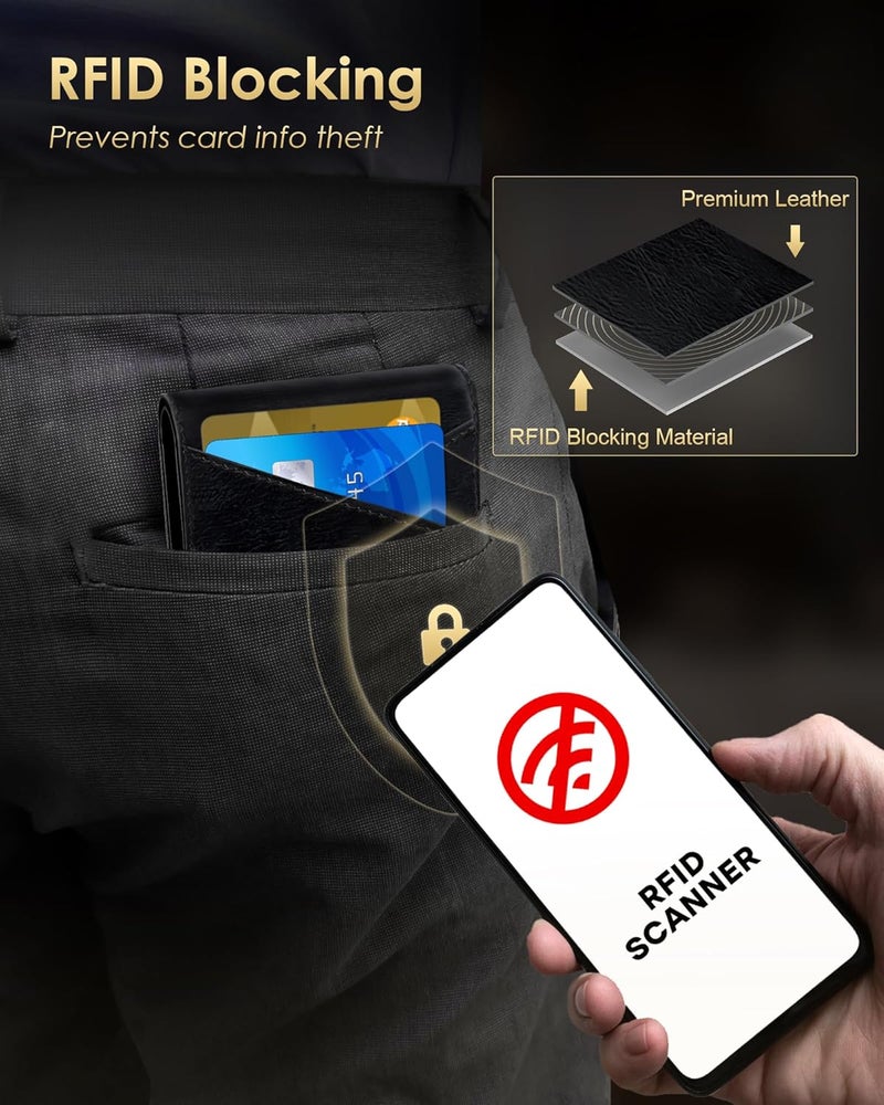 QLD Wallet for Men - RFID Blocking [Functional & Practical] Bifold Slim Minimalist Credit Card Holder Pop Up Metal Case with Cash Slot, Front Pocket with ID Window, Gift Boxed (BLACK) - Image 4